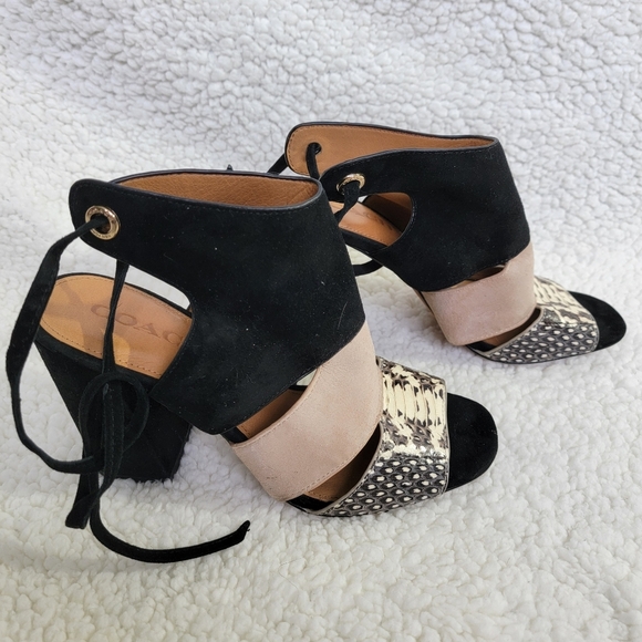 Coach Minetta Heeled Sandal With Snakeskin Style Q9138 Suede Black Tan Size 8 - Picture 4 of 7